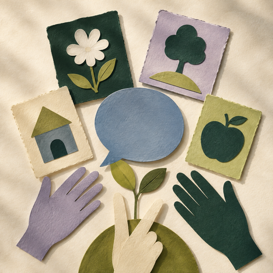 Cut-paper communication cards, speech bubble and hand shapes gathered around a sprout.