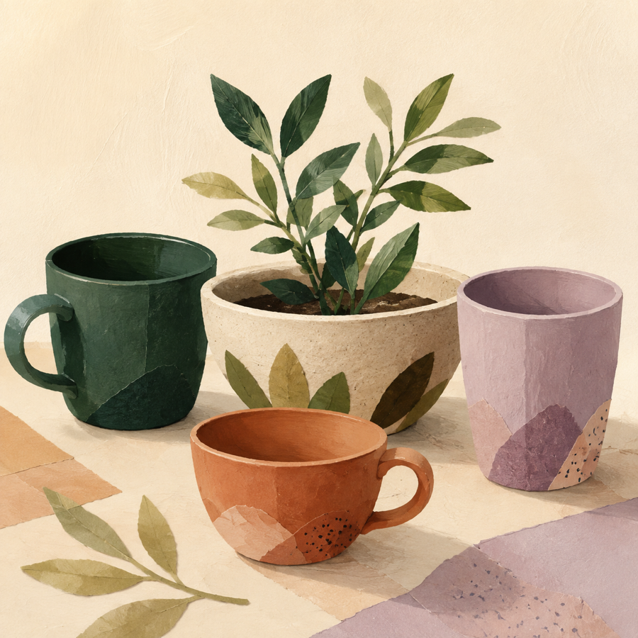 Three colourful cups gathered around a shared plant on a tabletop.