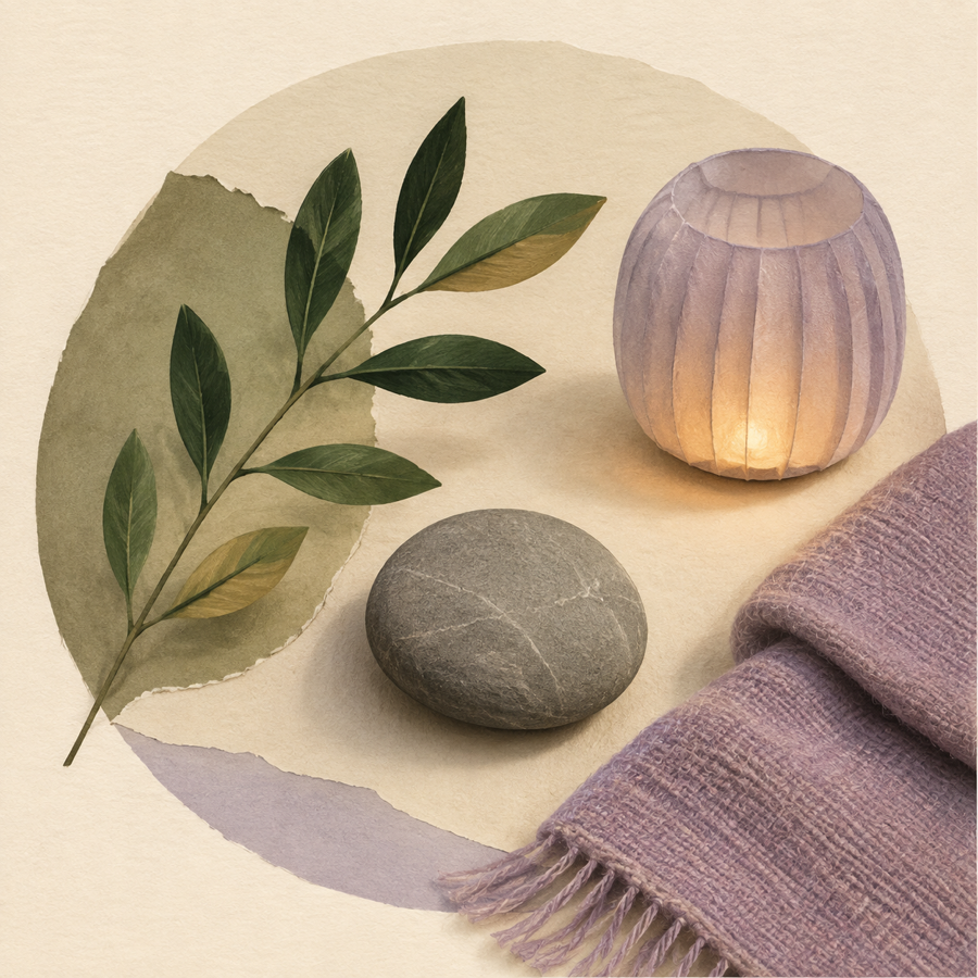 Soft still life of a smooth stone, leafy sprig, folded blanket and warm lamp.