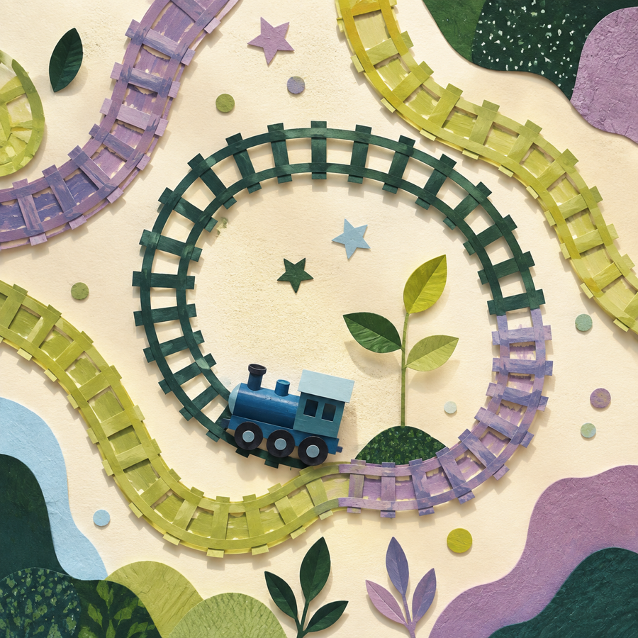 Cut-paper scene of a blue toy train following a colourful loop of tracks around a sprout.