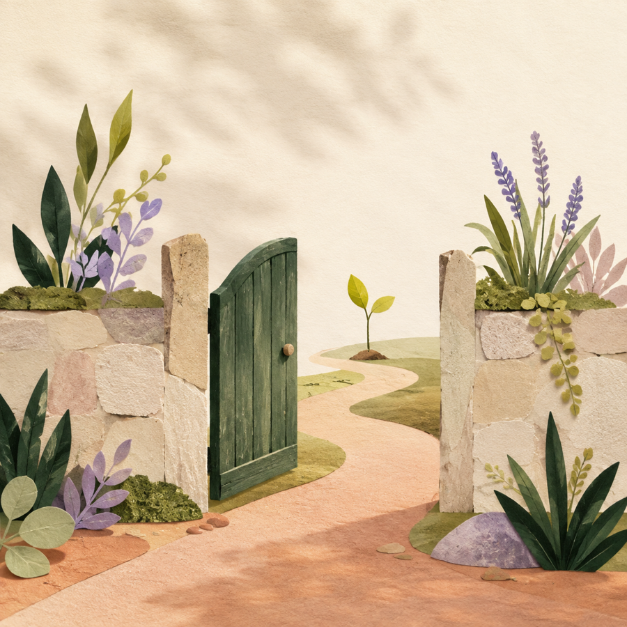 Open garden gate with a winding path leading toward a young sprout.