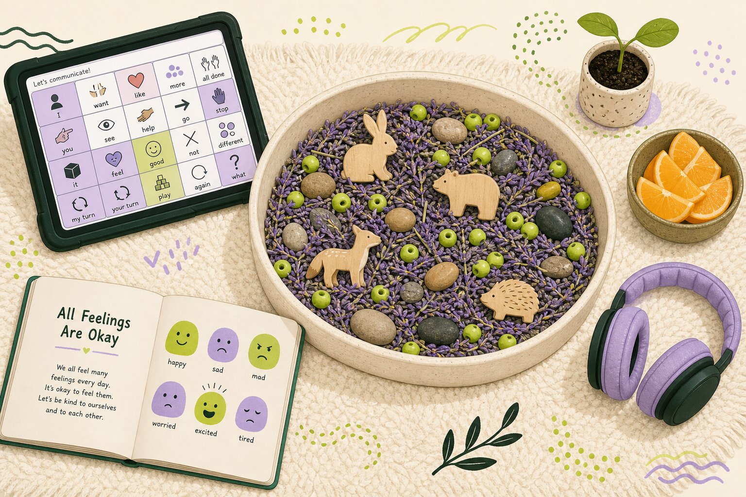 Illustrated top-down view of a Speech Sprout session — a wide sensory bin with dried lavender, wooden beads and small animal figures, an AAC tablet, a picture book about feelings, headphones and a snack bowl on a cream rug.